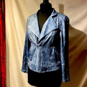 blue double breasted zipper leather jacket snakeskin pattern nwt dressy